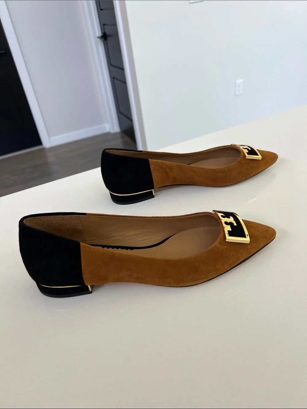 Tory Burch gigi 20mm pointy toe flat silk suede leather dark tiramisu tan black